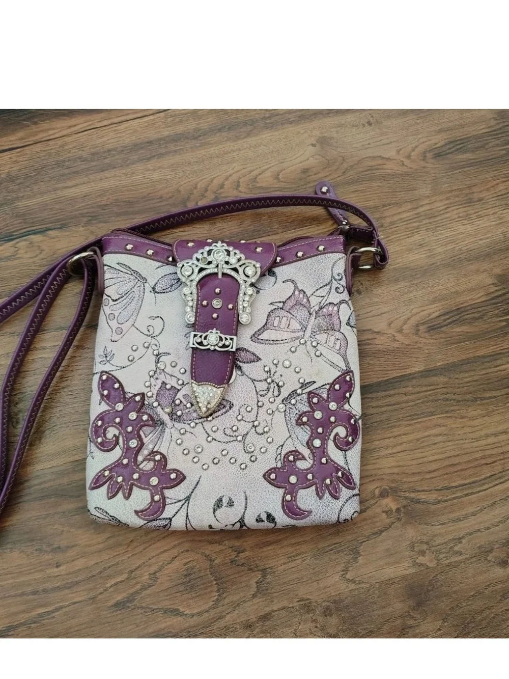 Boho Purple Floral Embellished Crossbody Bag with Matching Wallet